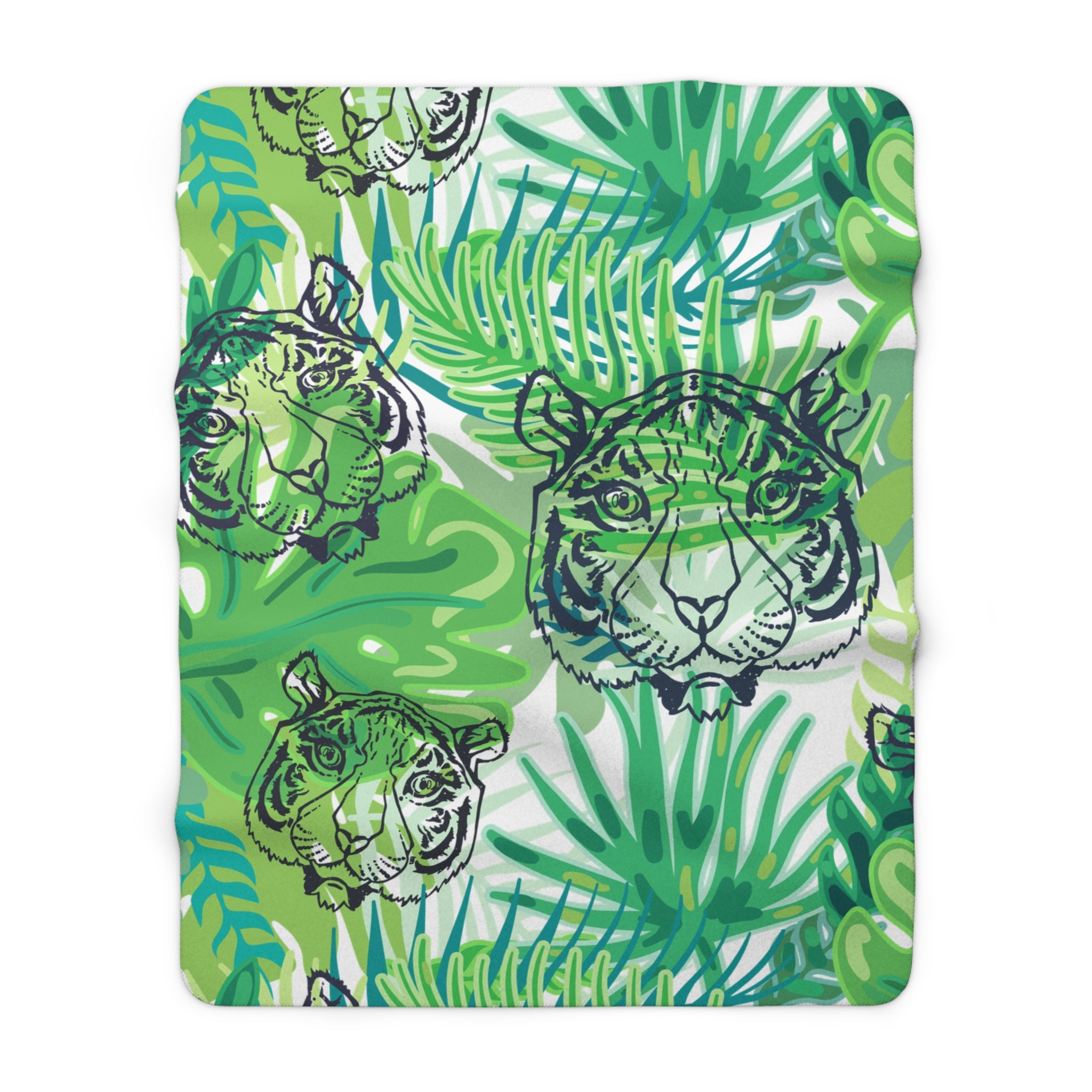 Tropical Jungle Tigers Green Sherpa Fleece Blanket, Artsulli - Art is Long, Life is Short, Home Decor, Size, 60" × 80", , , , , 14846396125966