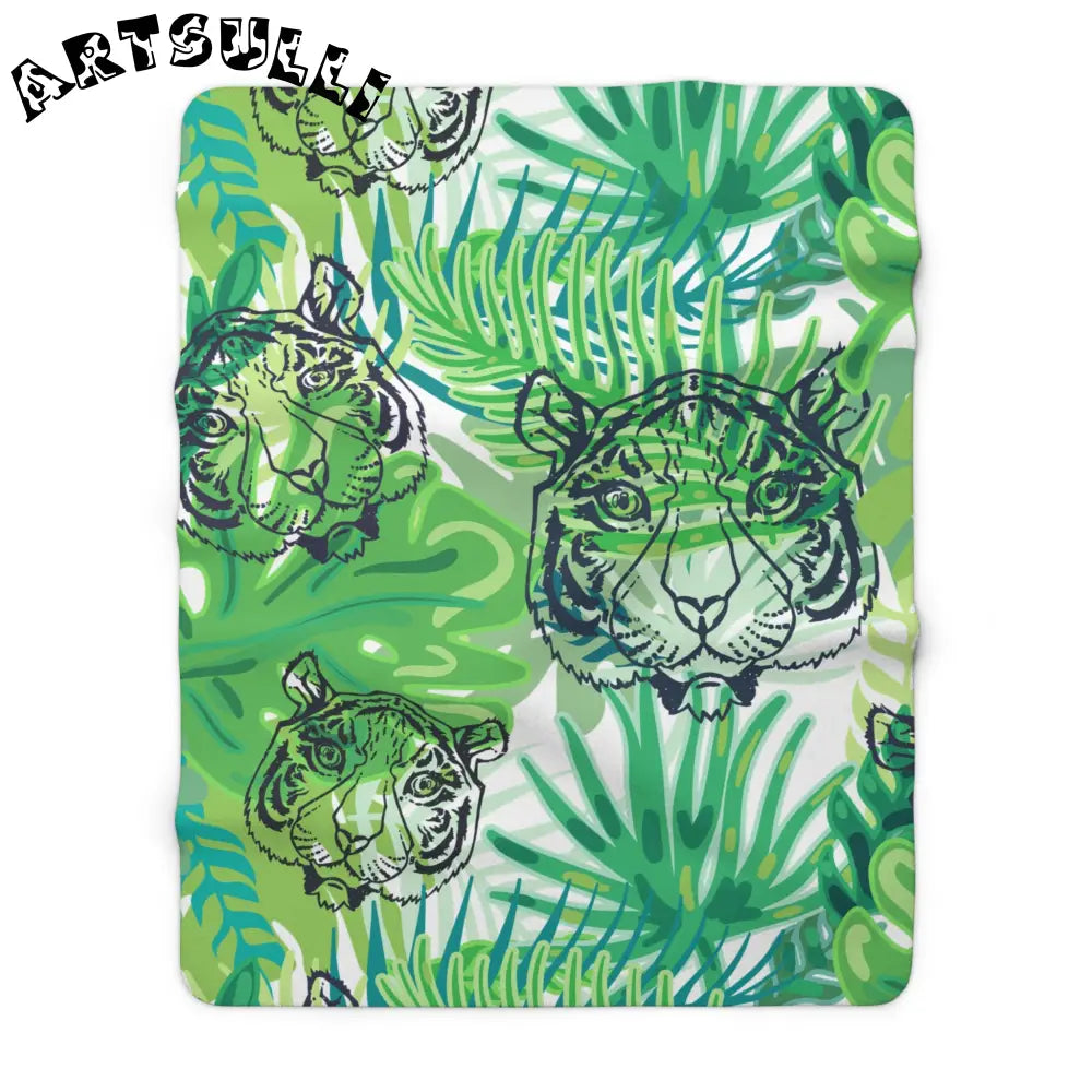 JAKKOUTTHEBXX Tropical Jungle Tigers Green Sherpa Fleece Blanket