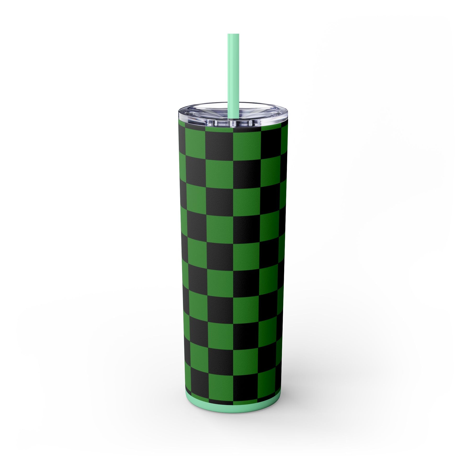 Checkerboard Green and Black Skinny Tumbler with Straw, 20oz, Artsulli - Art is Long, Life is Short, Mug, , , , , , , 