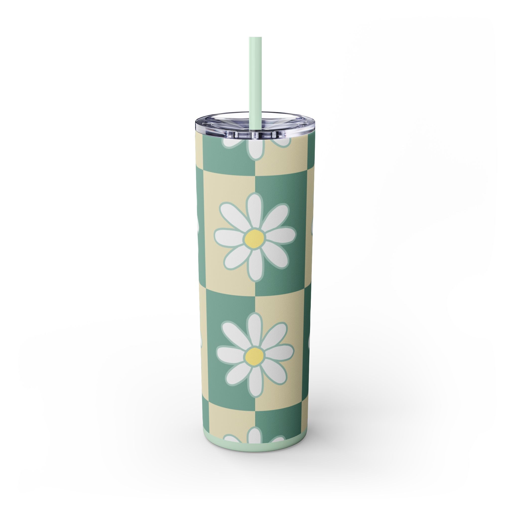 Retro Daisy Checkerboard Green and Tan Skinny Tumbler with Straw, 20oz, Artsulli - Art is Long, Life is Short, Mug, , , , , , , 