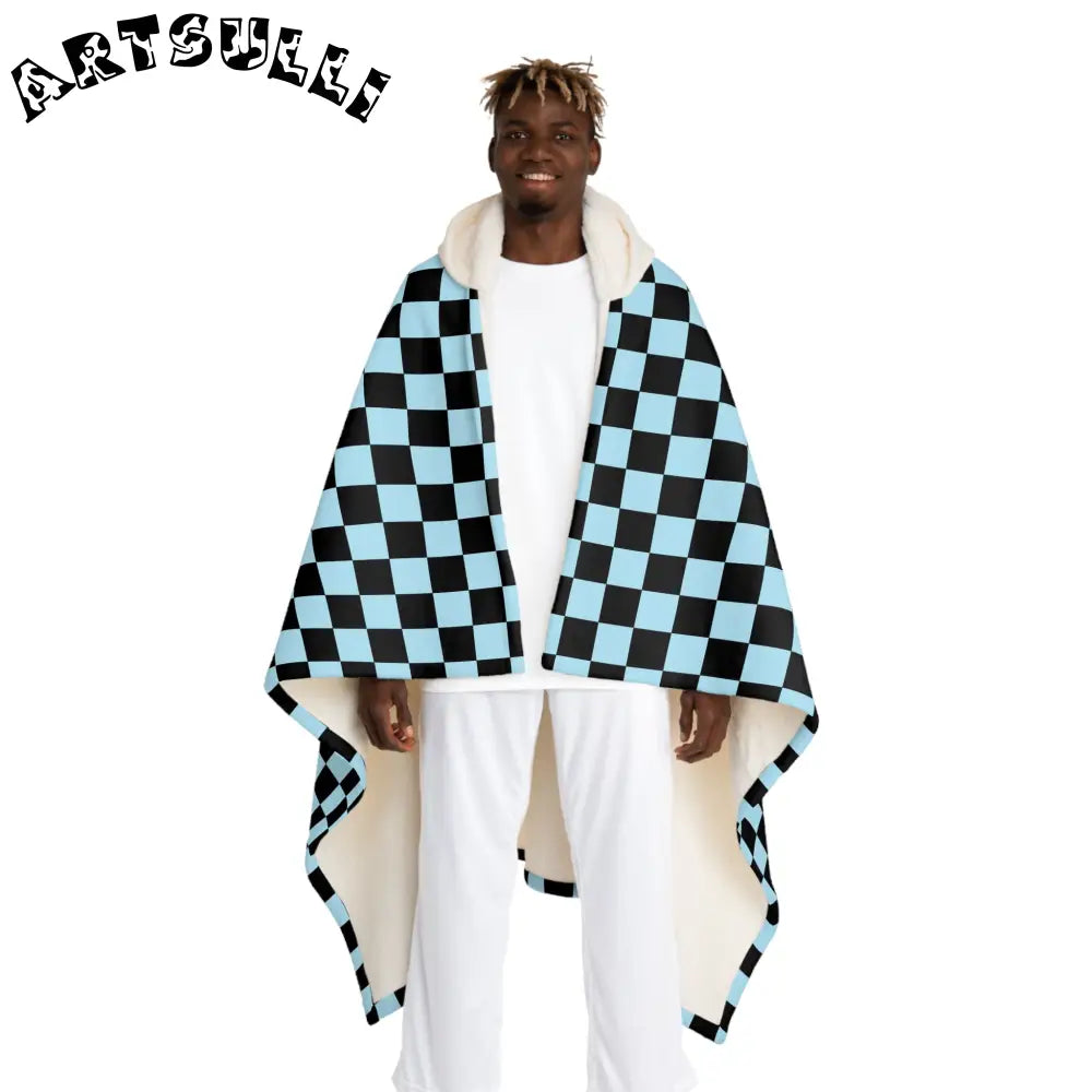 JAKKOUTTHEBXX Checkerboard II Black and Blue Hooded Sherpa Fleece