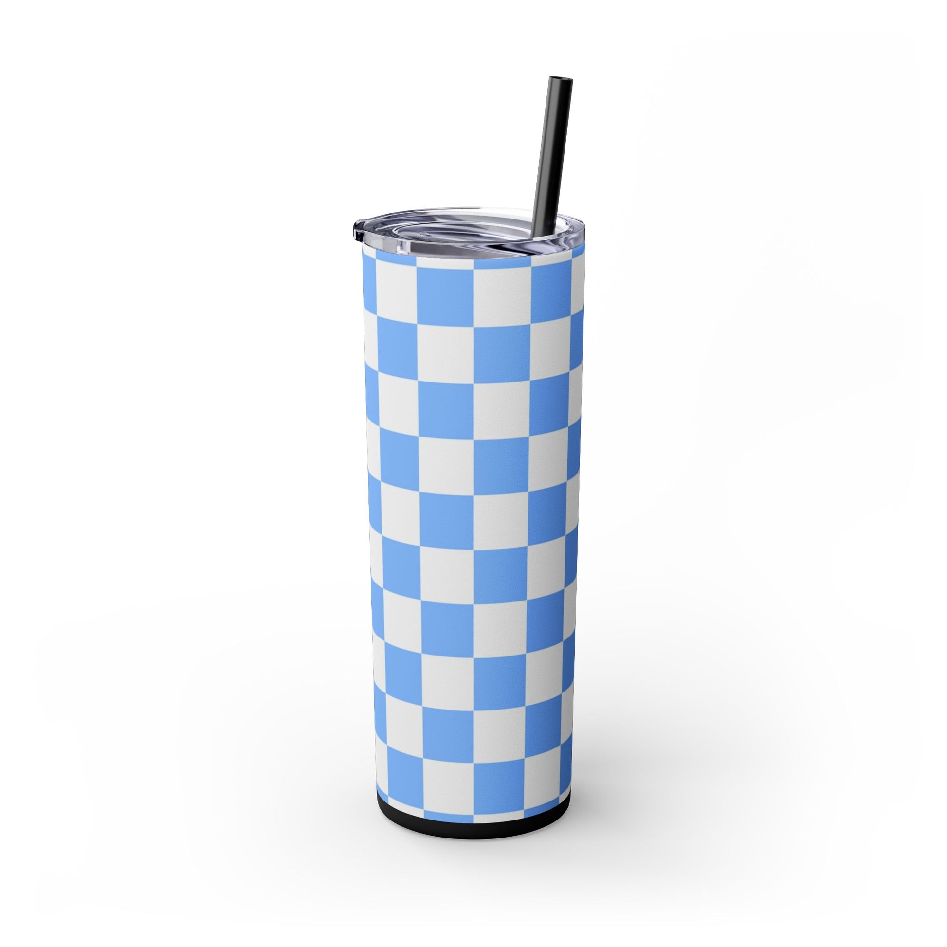Checkerboard White and Light Blue Skinny Tumbler with Straw, 20oz, Artsulli - Art is Long, Life is Short, Mug, , , , , , , 