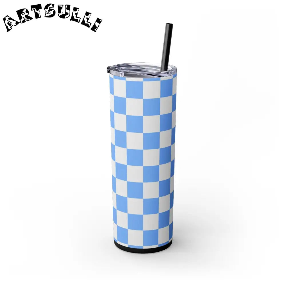 JAKKOUTTHEBXX Checkerboard White and Light Blue Skinny Tumbler