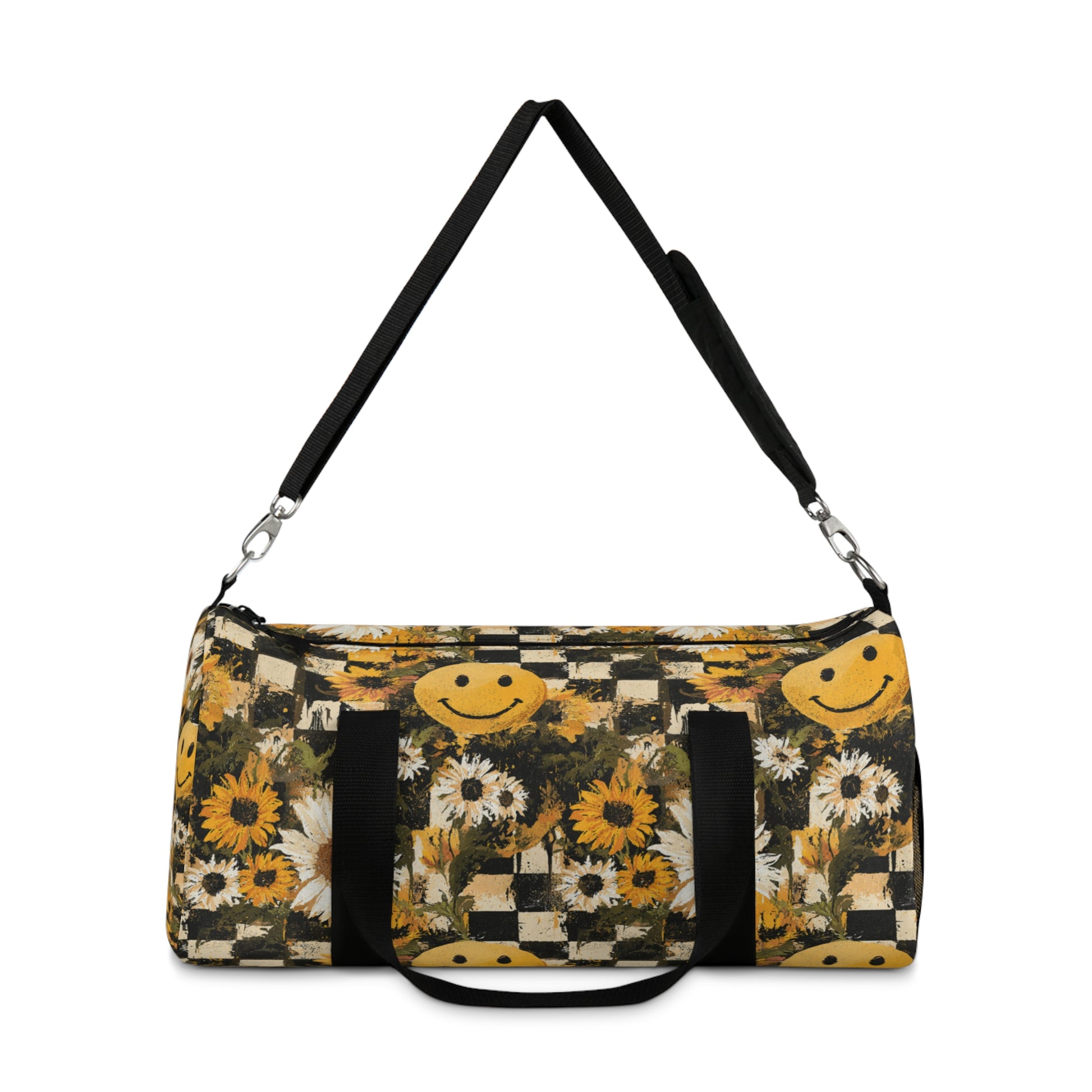 Smiley Face x Checkerboard x Sunflowers x Trippy x Vintage Black and Yellow Duffel Bag, Artsulli - Art is Long, Life is Short, Bags, , , , , , , 