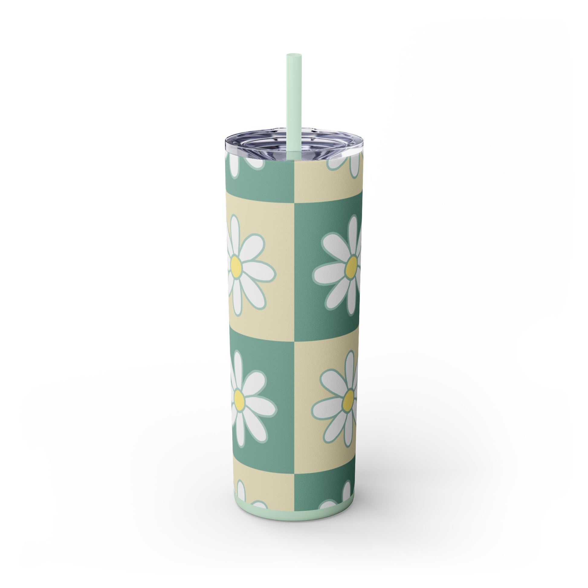 Retro Daisy Checkerboard Green and Tan Skinny Tumbler with Straw, 20oz, Artsulli - Art is Long, Life is Short, Mug, , , , , , , 