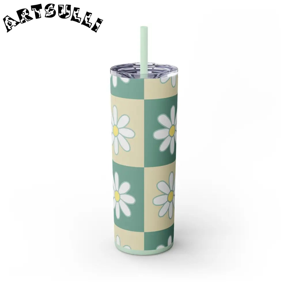 JAKKOUTTHEBXX Retro Daisy Checkerboard Green and Tan Skinny Tumbler