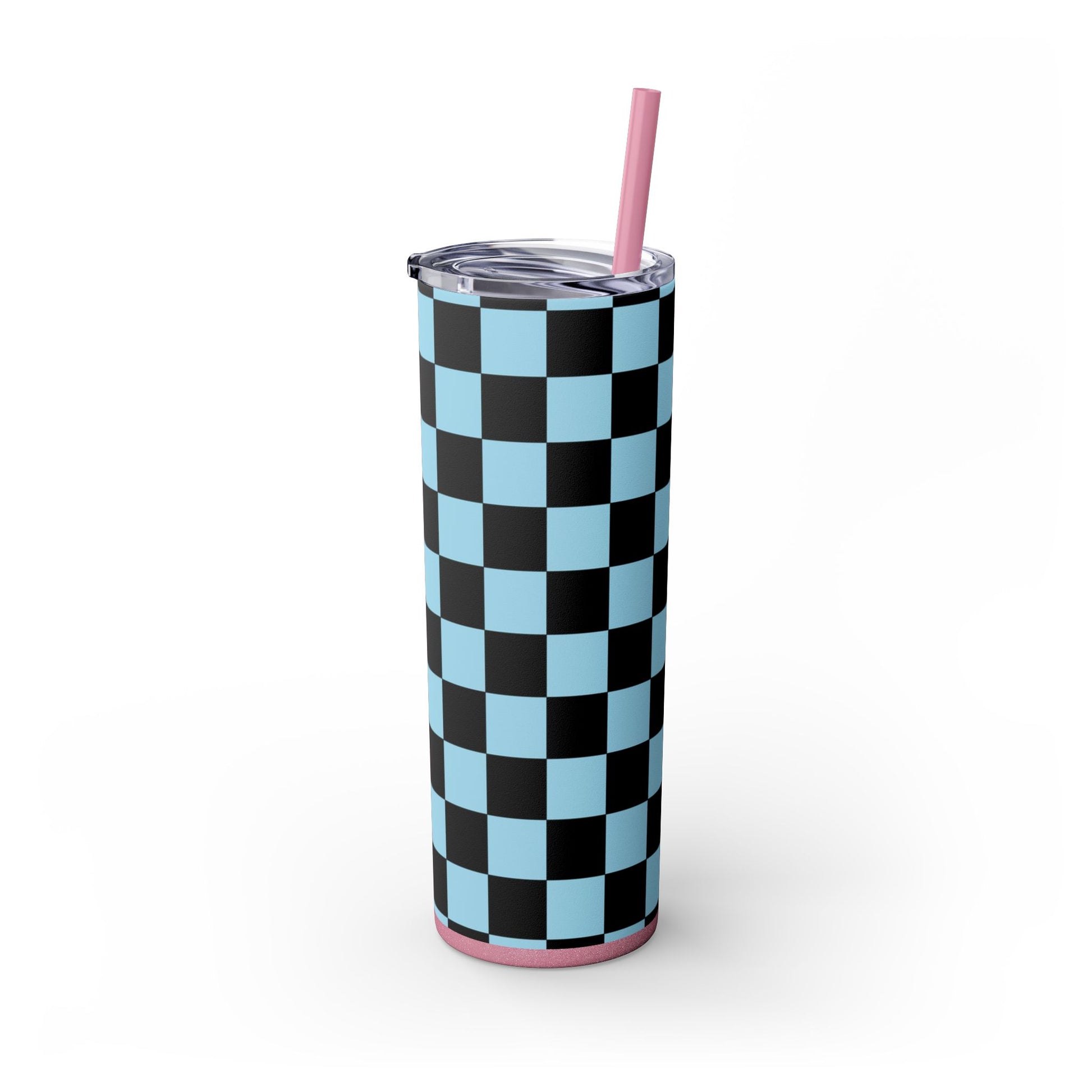 Checkerboard Black and Blue Skinny Tumbler with Straw, 20oz, Artsulli - Art is Long, Life is Short, Mug, , , , , , , 