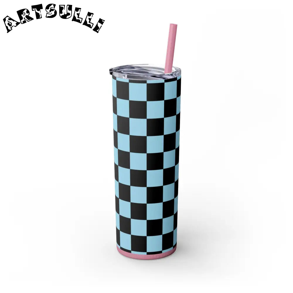 JAKKOUTTHEBXX Checkerboard Black and Blue Skinny Tumbler with Straw