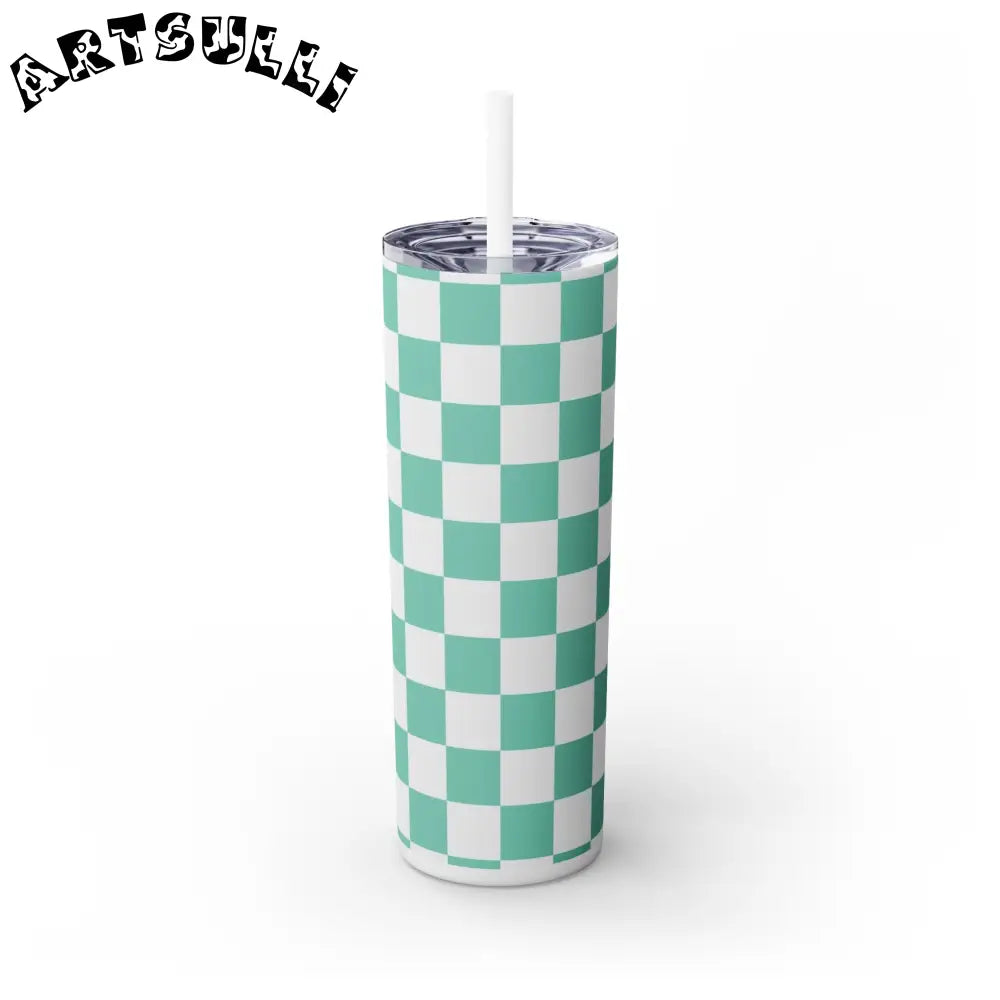 JAKKOUTTHEBXX Checkerboard Light Green Skinny Tumbler with Straw
