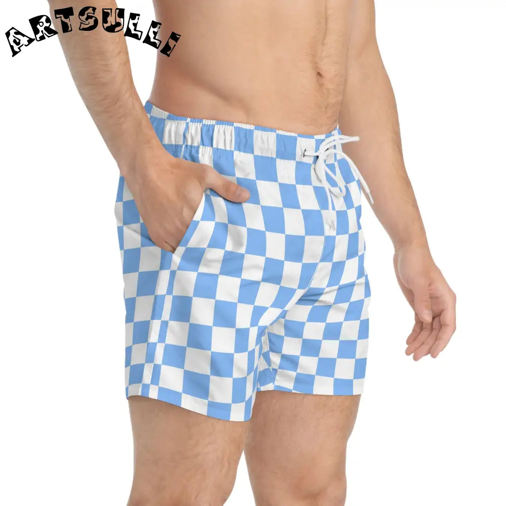 JAKKOUTTHEBXX Checkerboard II White and Light Blue Swim Trunks (AOP)