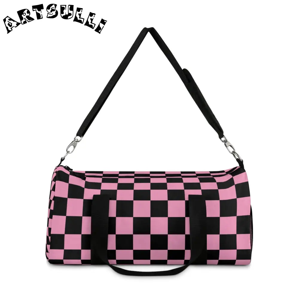 JAKKOUTTHEBXX Checkerboard Black and Pink Duffel Bag JAKKOUTTHEBXX