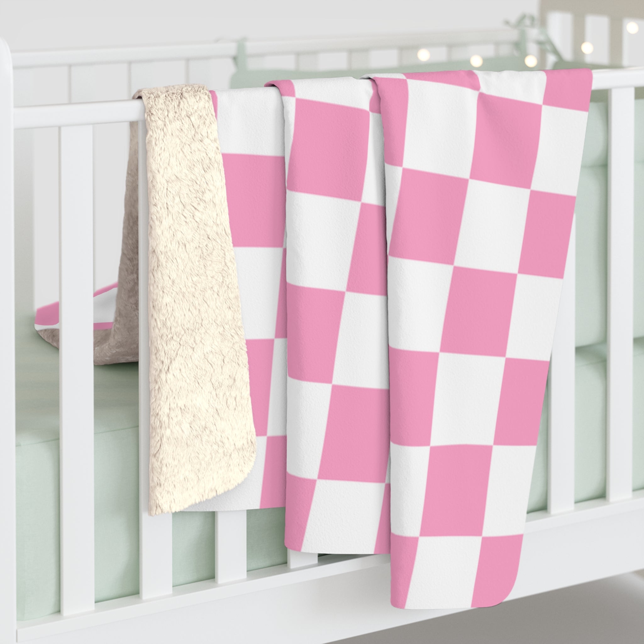 Checkerboard Hot Pink and White Sherpa Fleece Blanket, Artsulli - Art is Long, Life is Short, Home Decor, , , , , , , 