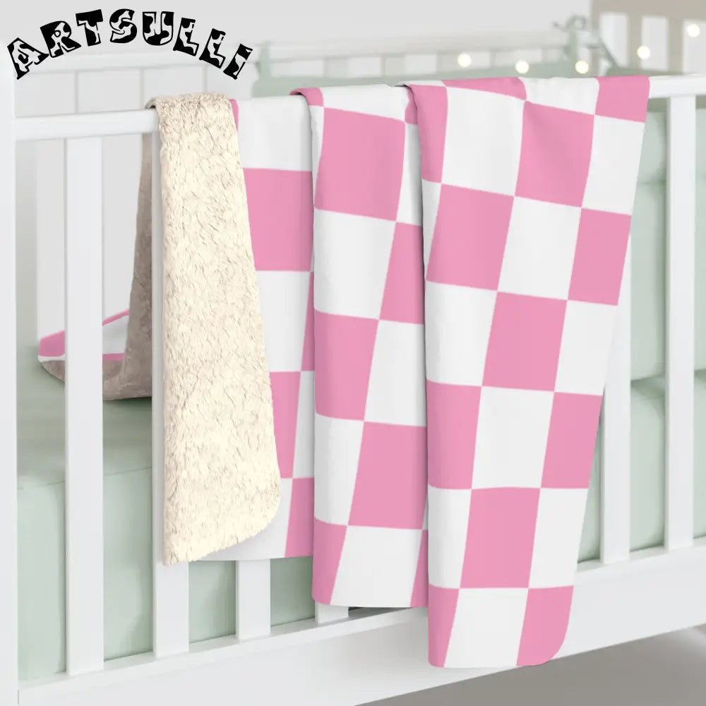 JAKKOUTTHEBXX Checkerboard Hot Pink and White Sherpa Fleece Blanket