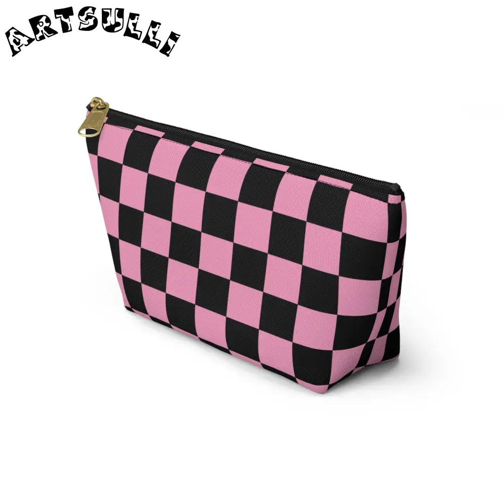 JAKKOUTTHEBXX Checkerboard Black and Pink Accessory Pouch w T-bottom