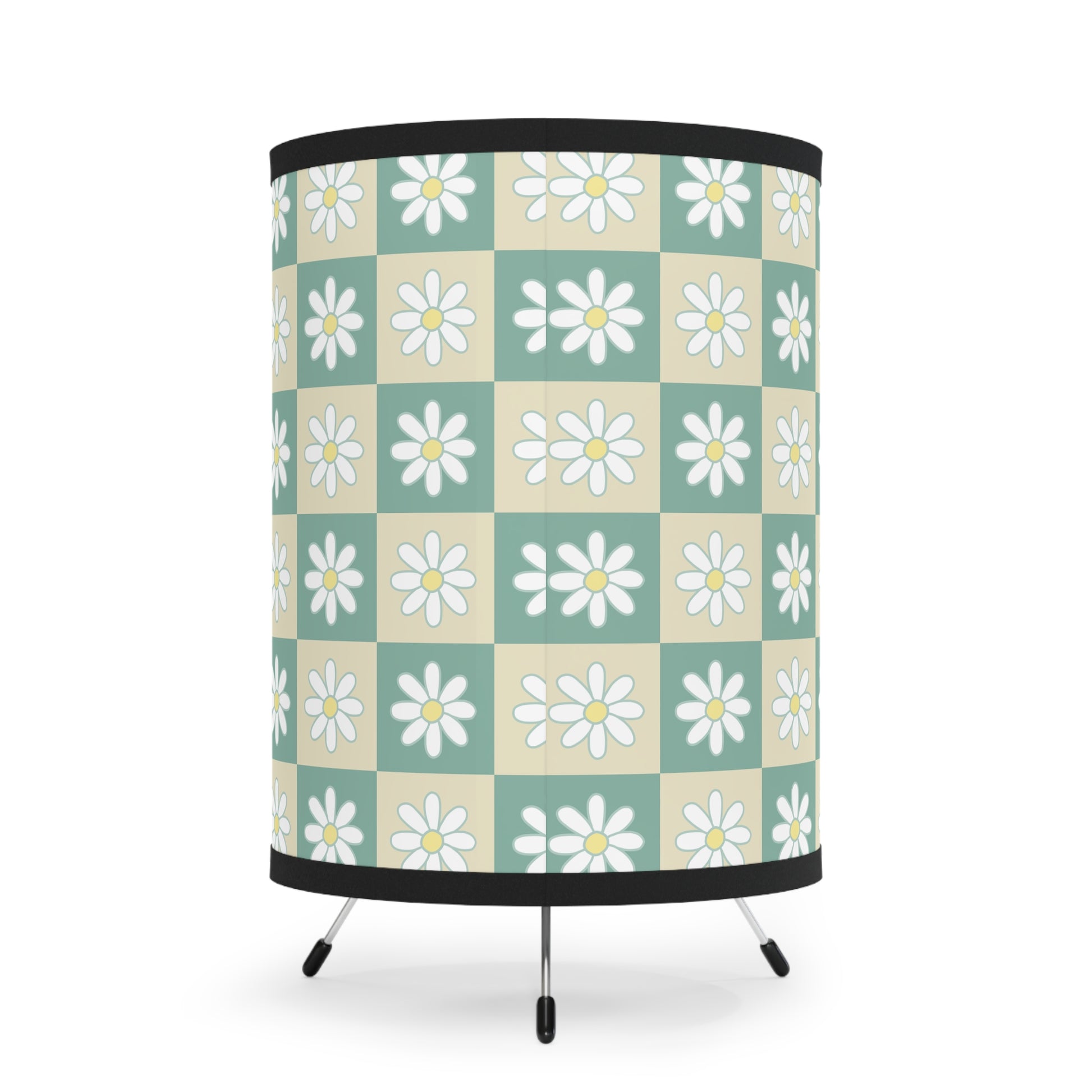 Retro Daisy Checkerboard Green and Tan Tripod Lamp with High-Res Printed Shade, US\CA plug, Artsulli - Art is Long, Life is Short, Home Decor, , , , , , , 