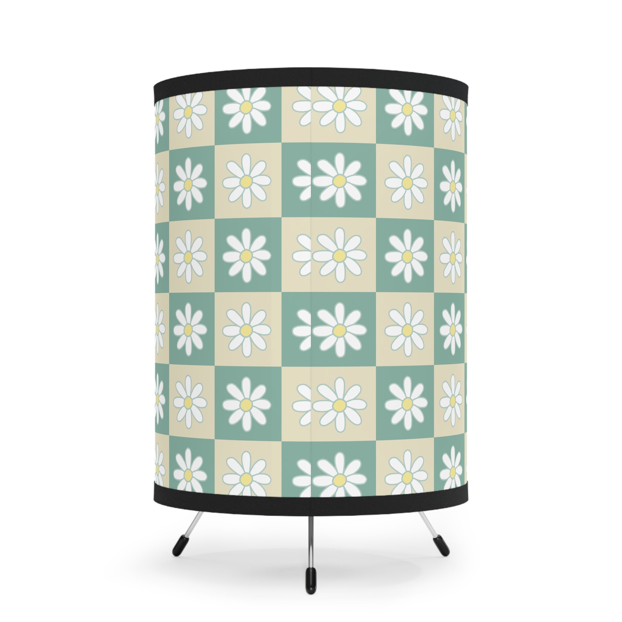 Retro Daisy Checkerboard Green and Tan Tripod Lamp with High-Res Printed Shade, US\CA plug, Artsulli - Art is Long, Life is Short, Home Decor, , , , , , , 