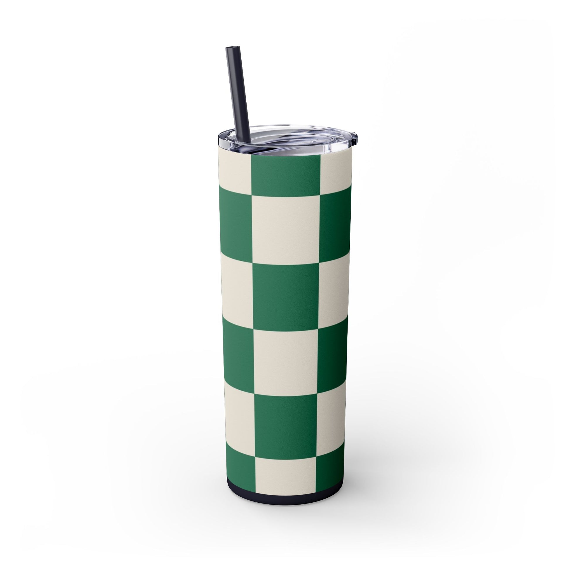 Checkerboard Dark Green Skinny Tumbler with Straw, 20oz, Artsulli - Art is Long, Life is Short, Mug, , , , , , , 
