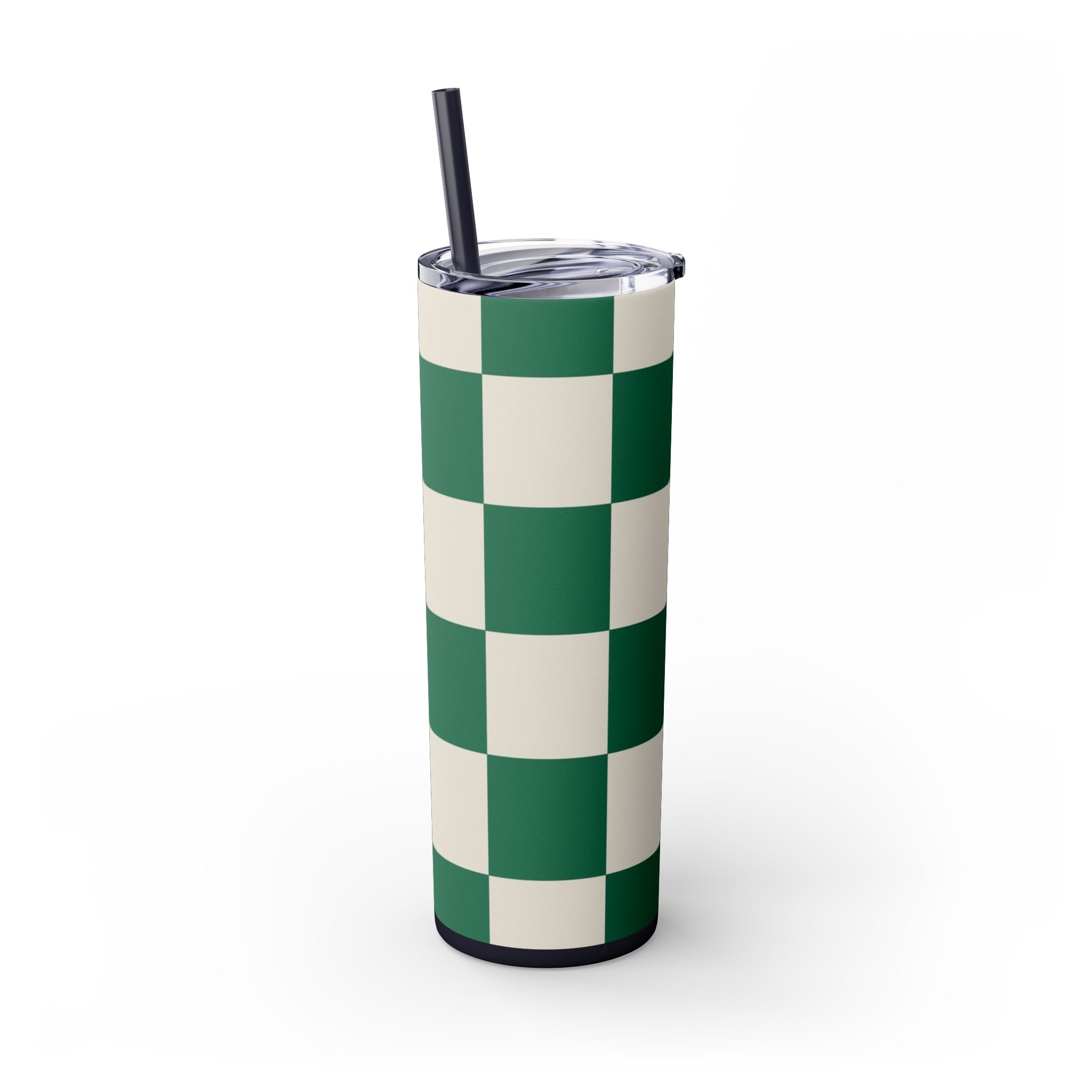 Checkerboard Dark Green Skinny Tumbler with Straw, 20oz, Artsulli - Art is Long, Life is Short, Mug, , , , , , , 