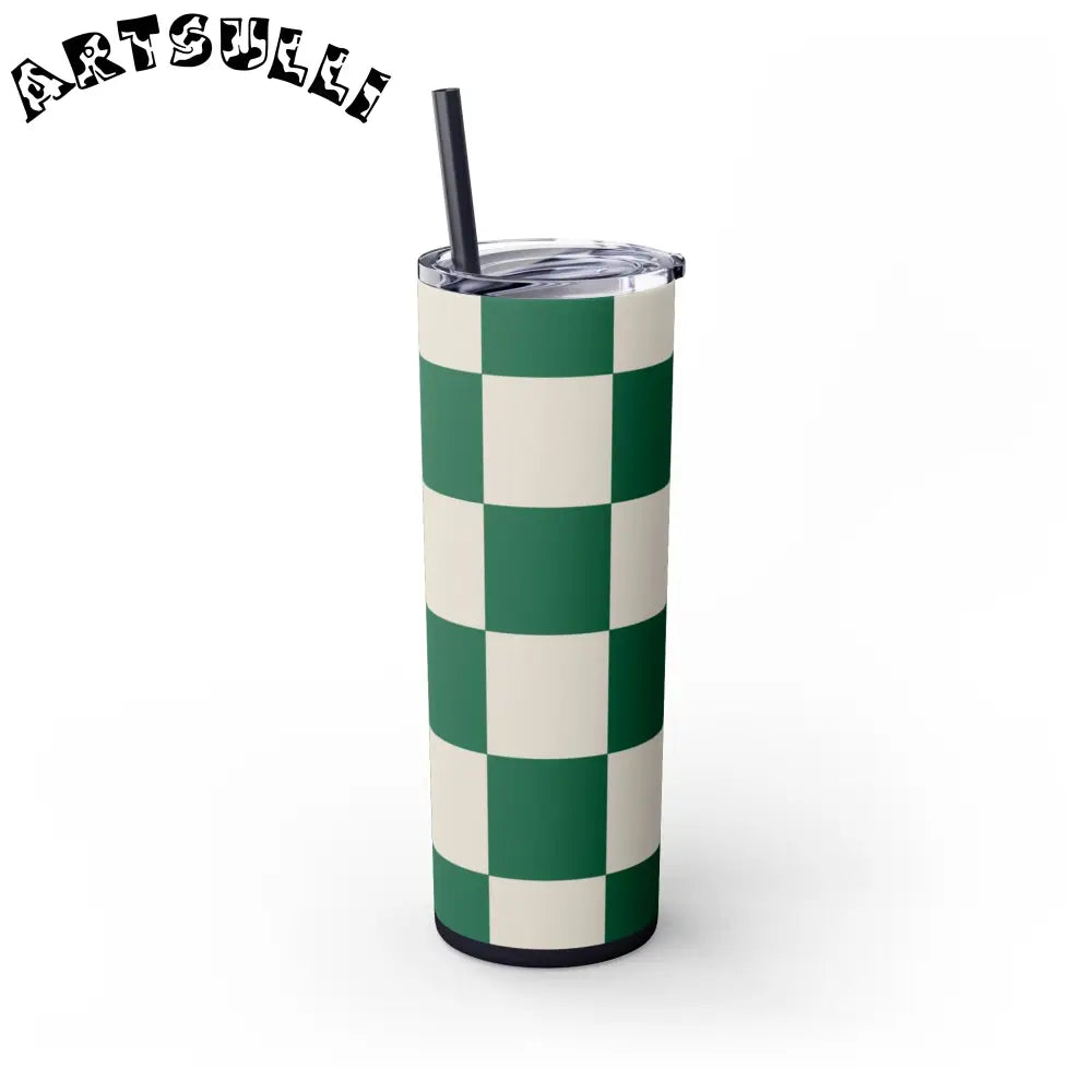 JAKKOUTTHEBXX Checkerboard Dark Green Skinny Tumbler with Straw 20oz