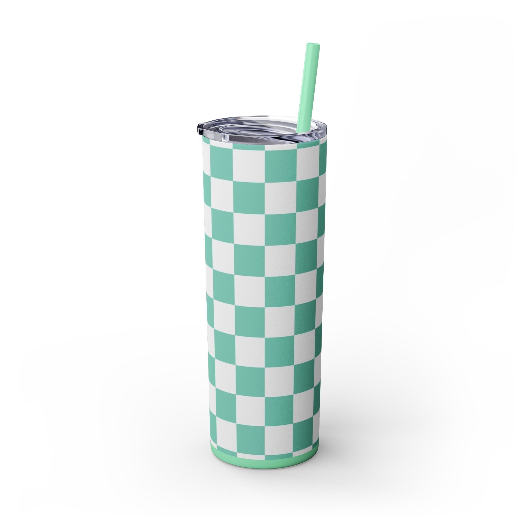 Checkerboard Light Green Skinny Tumbler with Straw, 20oz, Artsulli - Art is Long, Life is Short, Mug, , , , , , , 