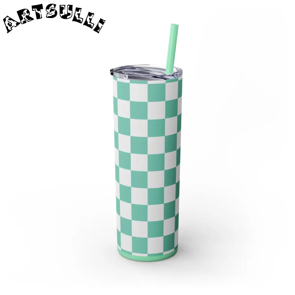 JAKKOUTTHEBXX Checkerboard Light Green Skinny Tumbler with Straw