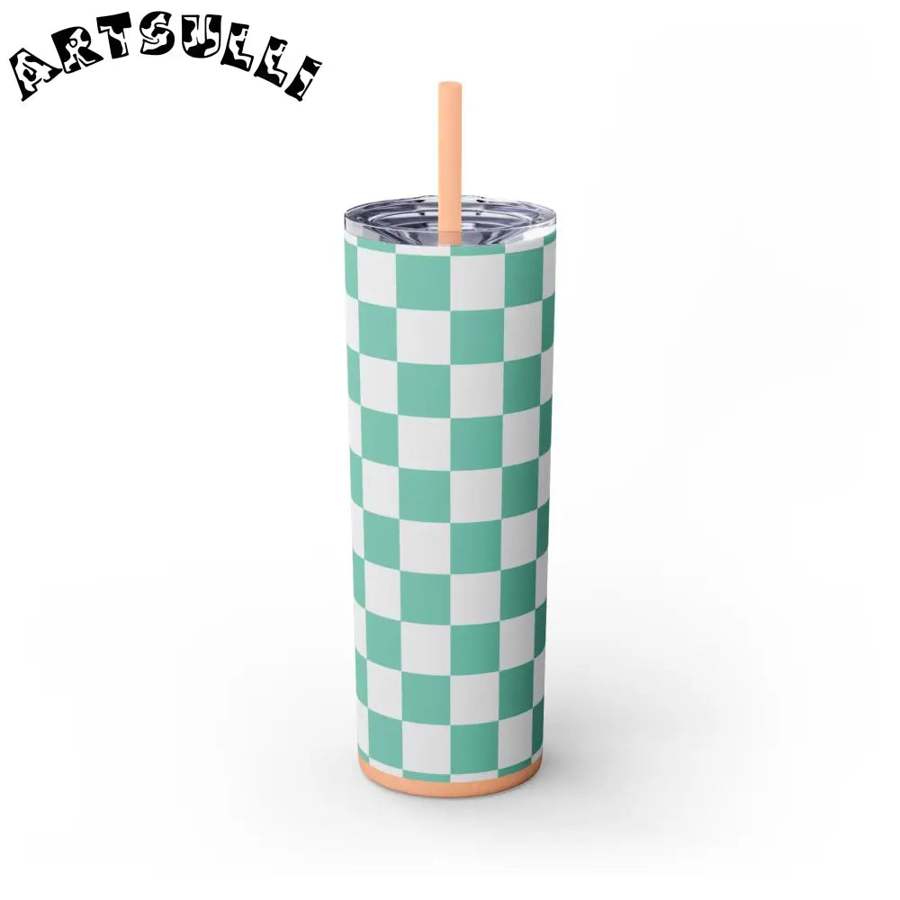 JAKKOUTTHEBXX Checkerboard Light Green Skinny Tumbler with Straw