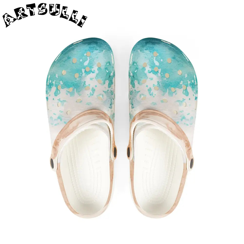 JAKKOUTTHEBXX Teal and Gold Speckled EVA Foam Clogs JAKKOUTTHEBXX
