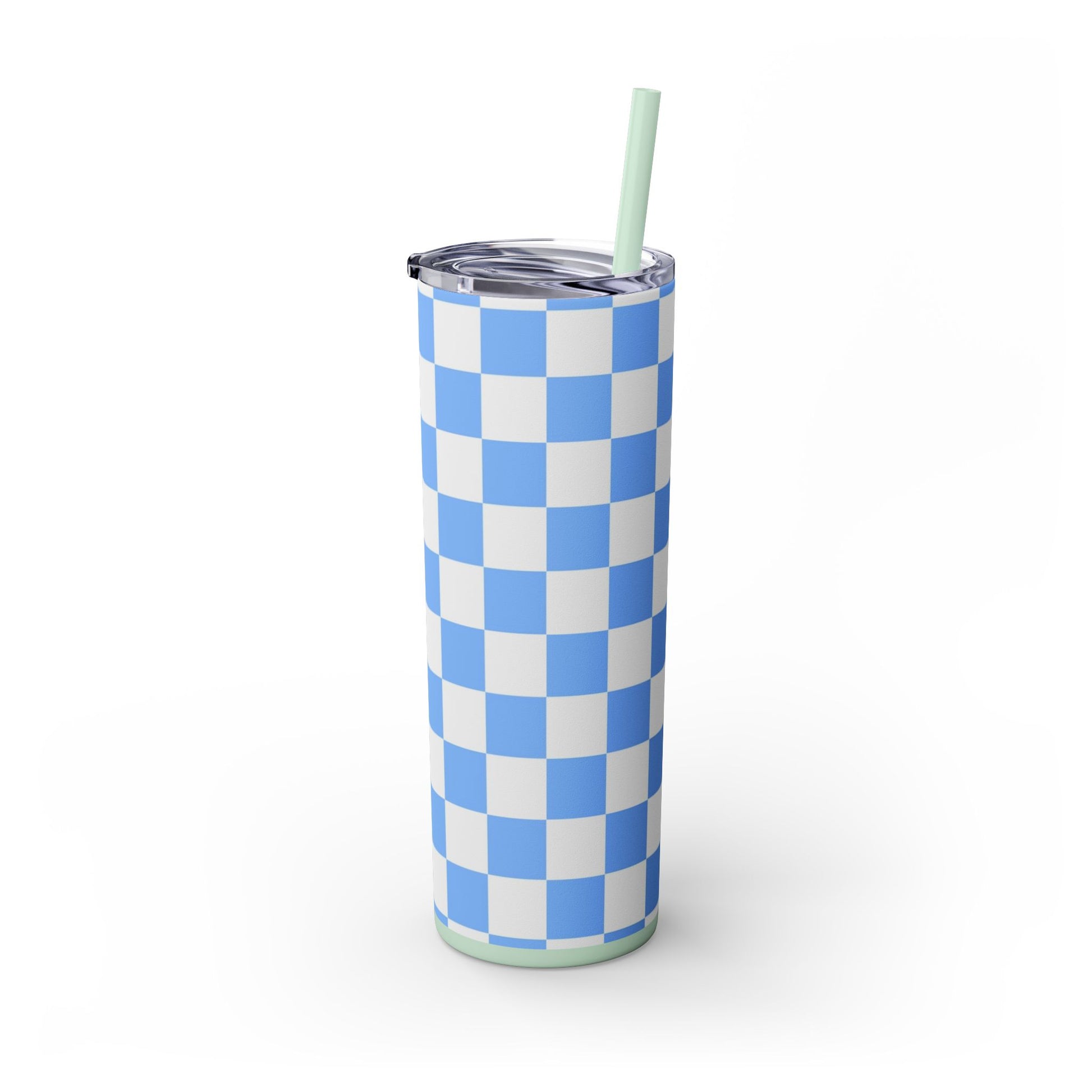 Checkerboard White and Light Blue Skinny Tumbler with Straw, 20oz, Artsulli - Art is Long, Life is Short, Mug, , , , , , , 