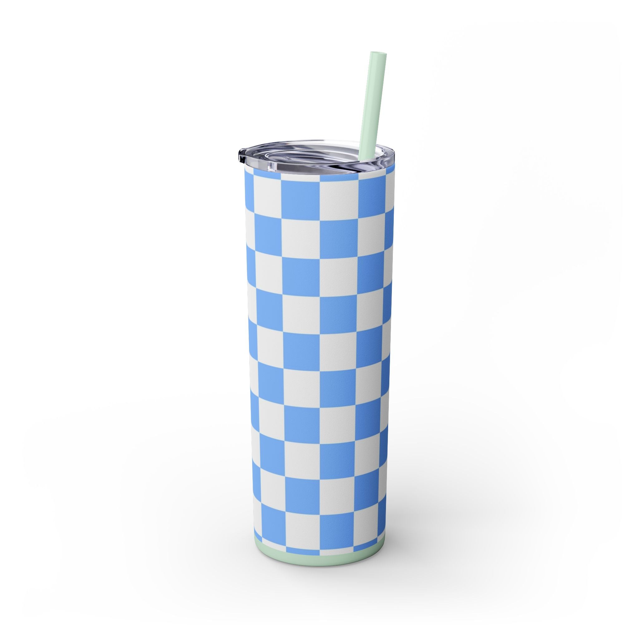 Checkerboard White and Light Blue Skinny Tumbler with Straw, 20oz, Artsulli - Art is Long, Life is Short, Mug, , , , , , , 