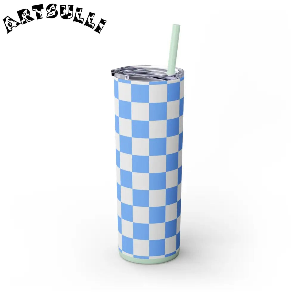 JAKKOUTTHEBXX Checkerboard White and Light Blue Skinny Tumbler