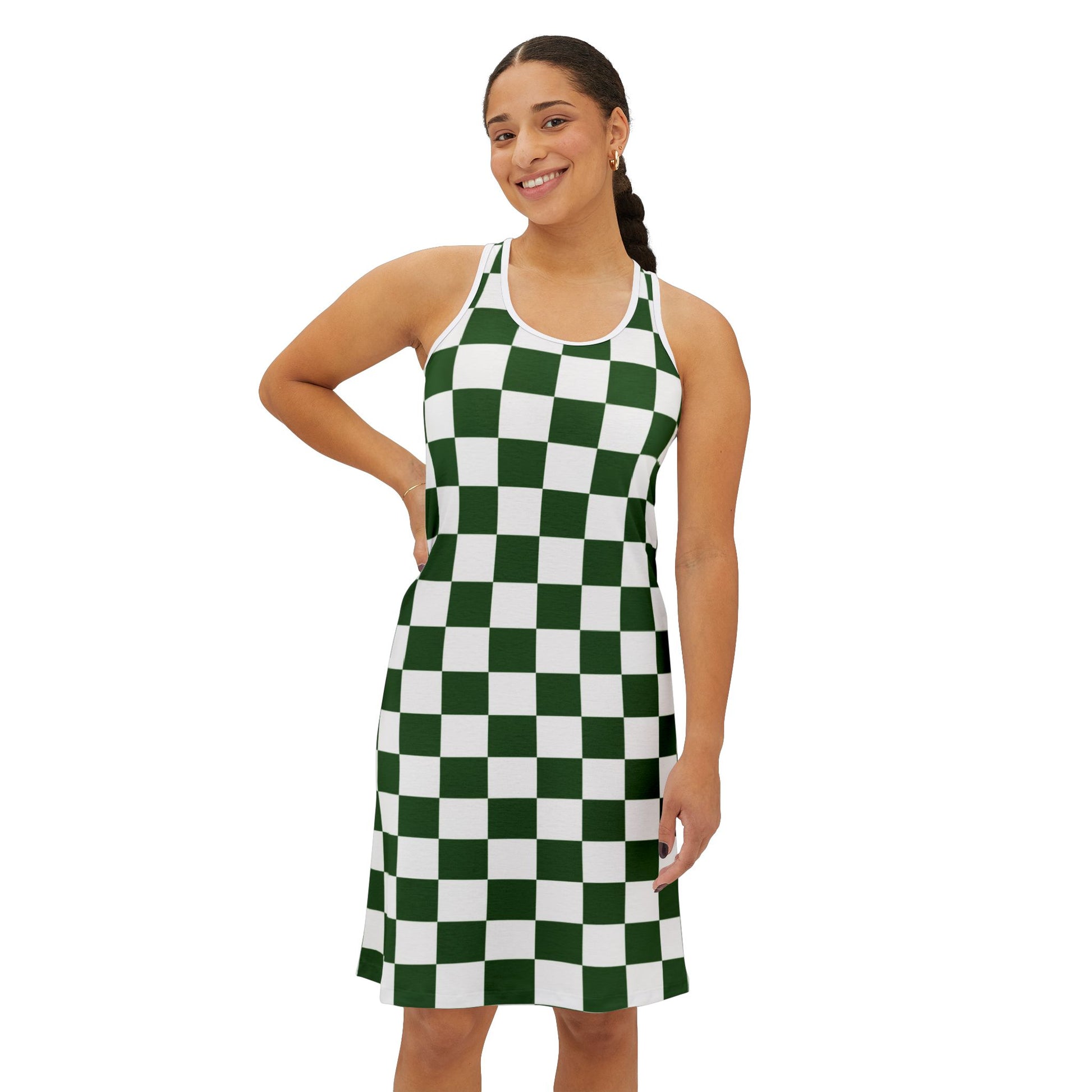 Checkerboard White and Dark Green Women's Racerback Dress (AOP), Artsulli - Art is Long, Life is Short, Tank Top, , , , , , , 