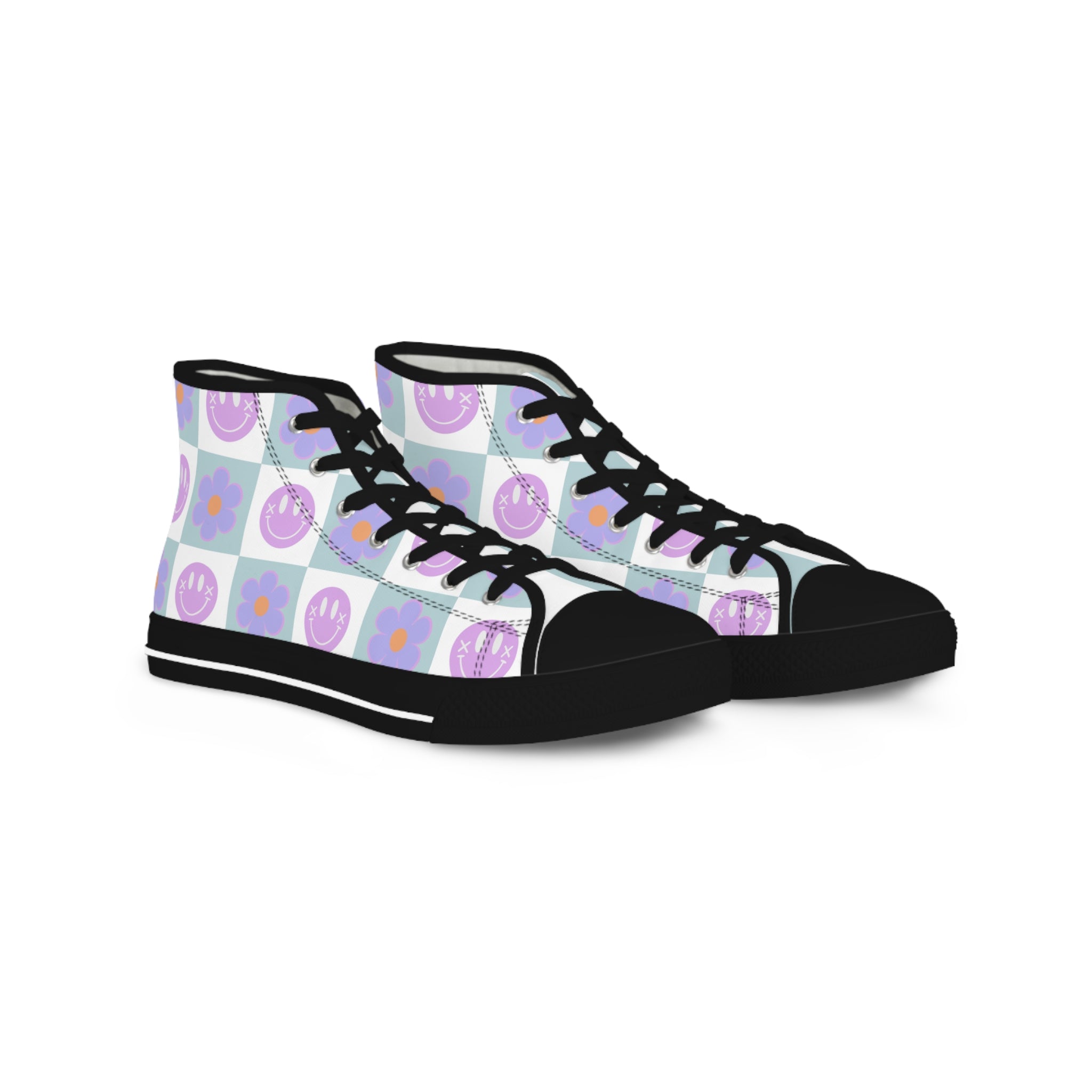 Flower x Smiley Face x Checkerboard Purple Men's High Top Sneakers, Artsulli - Art is Long, Life is Short, Shoes, Size, US 5, Color, Black sole, , , 10844734632546