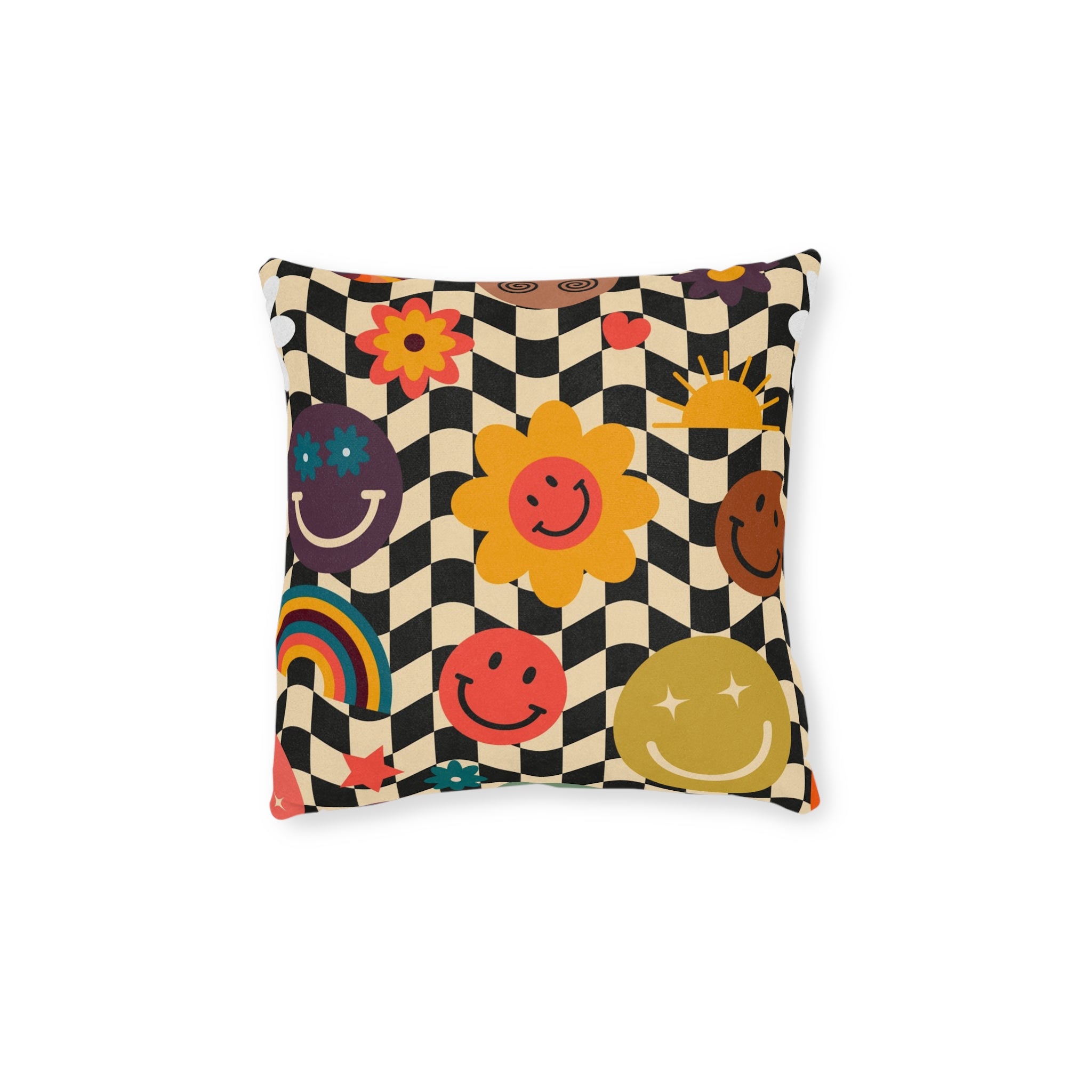 Trippy x Wavy Checkerboard x Smiley Face x Rainbow x Flowers Multi-Color Square Pillow, Artsulli - Art is Long, Life is Short, Home Decor, Size, 12" × 12", , , , , 19757557628406617458