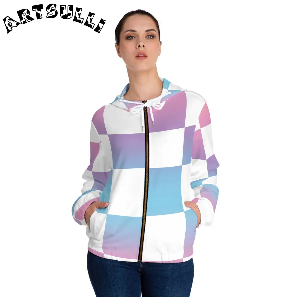 JAKKOUTTHEBXX Vaporwave Check Women’s Full-Zip Hoodie (AOP)