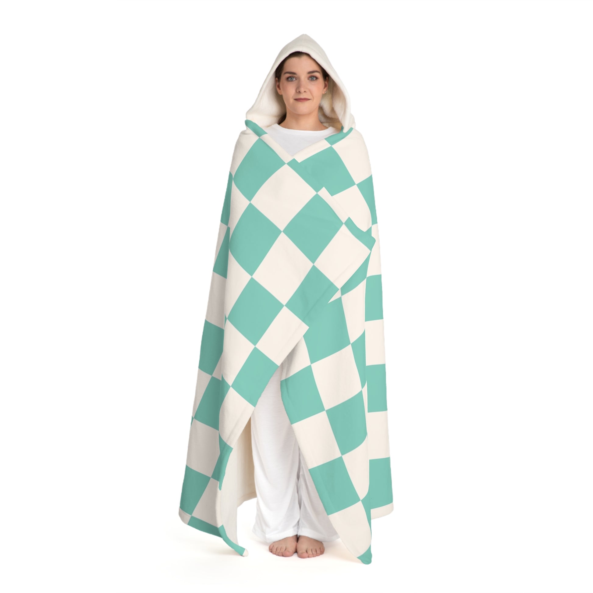 Checkerboard Light Green Hooded Sherpa Fleece Blanket, Artsulli - Art is Long, Life is Short, All Over Prints, , , , , , , 
