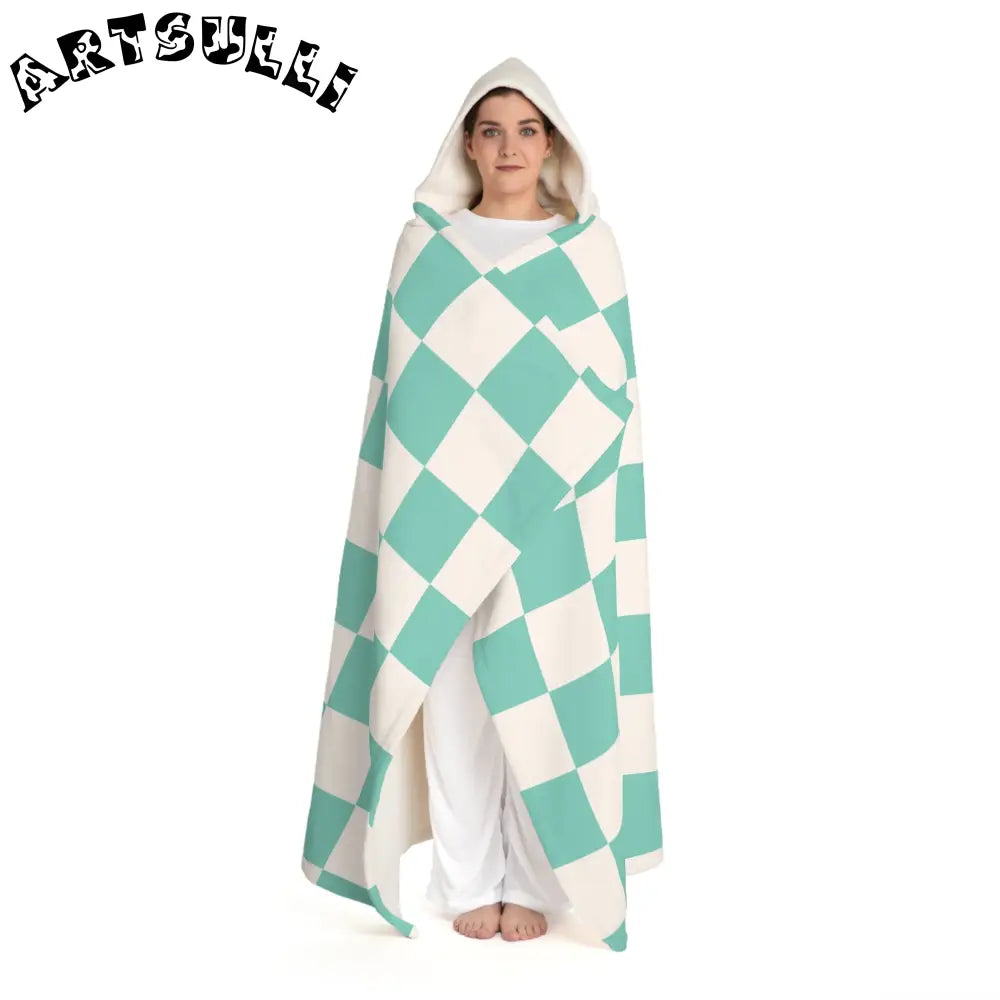 JAKKOUTTHEBXX Checkerboard Light Green Hooded Sherpa Fleece Blanket