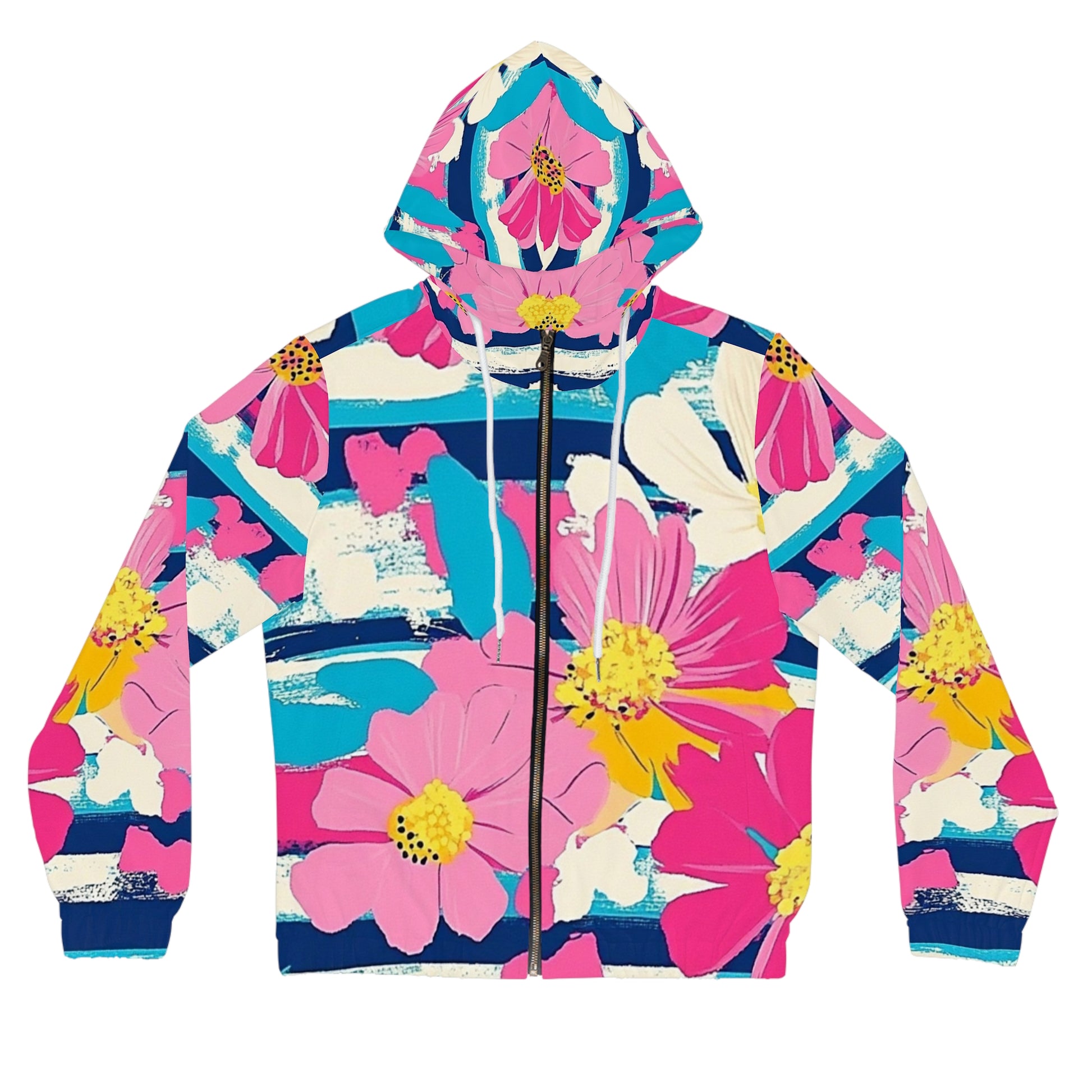 Dayglo Floral Stripes Women’s Full-Zip Hoodie (AOP), Artsulli - Art is Long, Life is Short, All Over Prints, Size, XS, Color, White, , , 30730941616464493294
