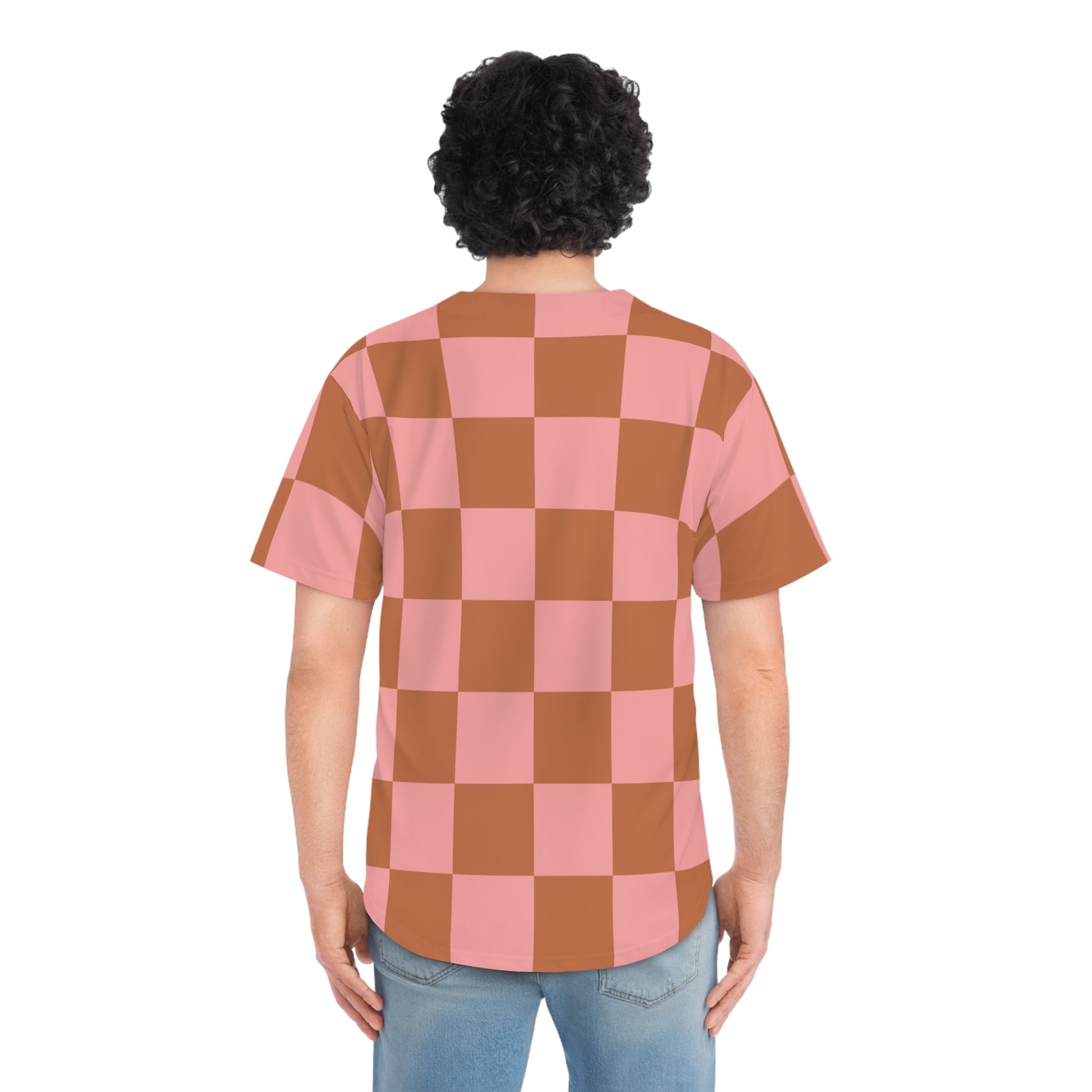 Chessboard Pink and Brown Men's Baseball Jersey (AOP), Artsulli - Art is Long, Life is Short, All Over Prints, , , , , , , 
