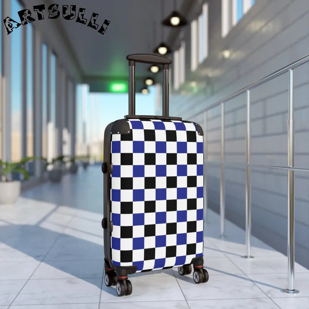 JAKKOUTTHEBXX Checkerboard Blue White and Black Suitcase