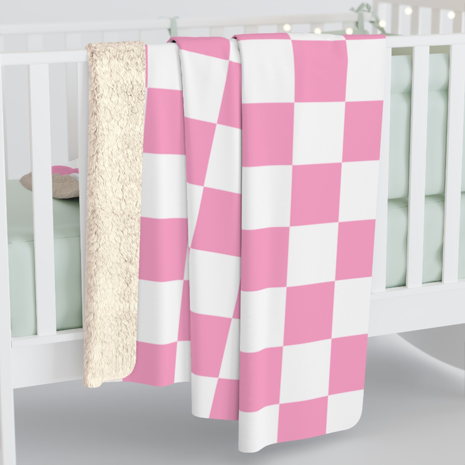 Checkerboard Hot Pink and White Sherpa Fleece Blanket, Artsulli - Art is Long, Life is Short, Home Decor, , , , , , , 