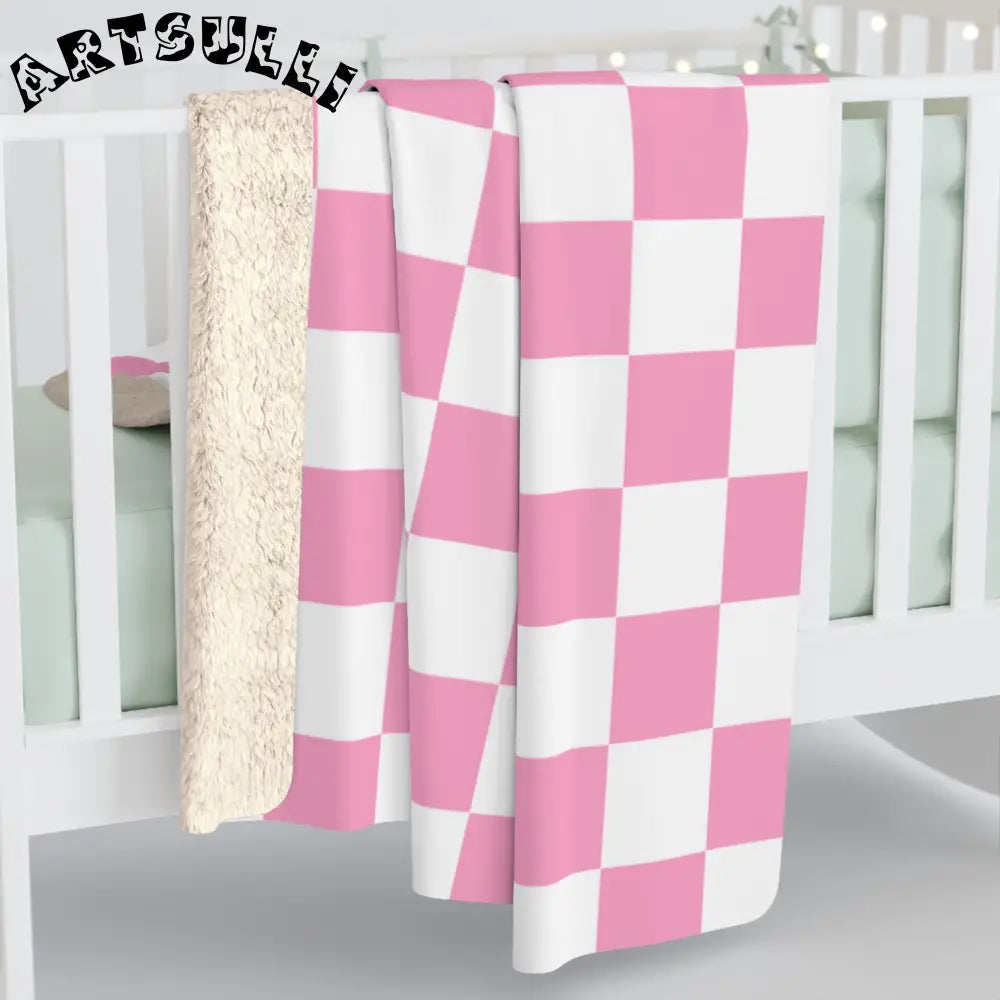 JAKKOUTTHEBXX Checkerboard Hot Pink and White Sherpa Fleece Blanket