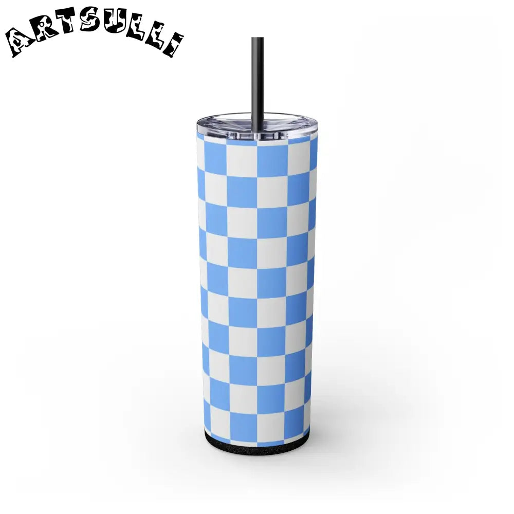 JAKKOUTTHEBXX Checkerboard White and Light Blue Skinny Tumbler