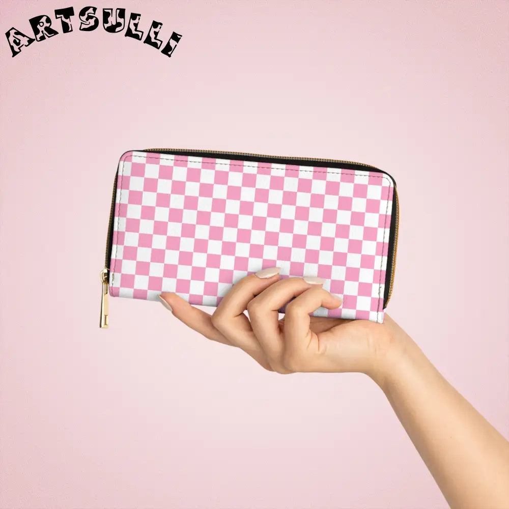 JAKKOUTTHEBXX Checkerboard Hot Pink and White Zipper Wallet