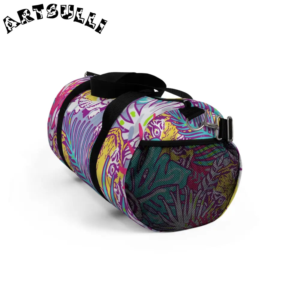 JAKKOUTTHEBXX Tropical Floral Tigers Torquise and Purple Duffel Bag