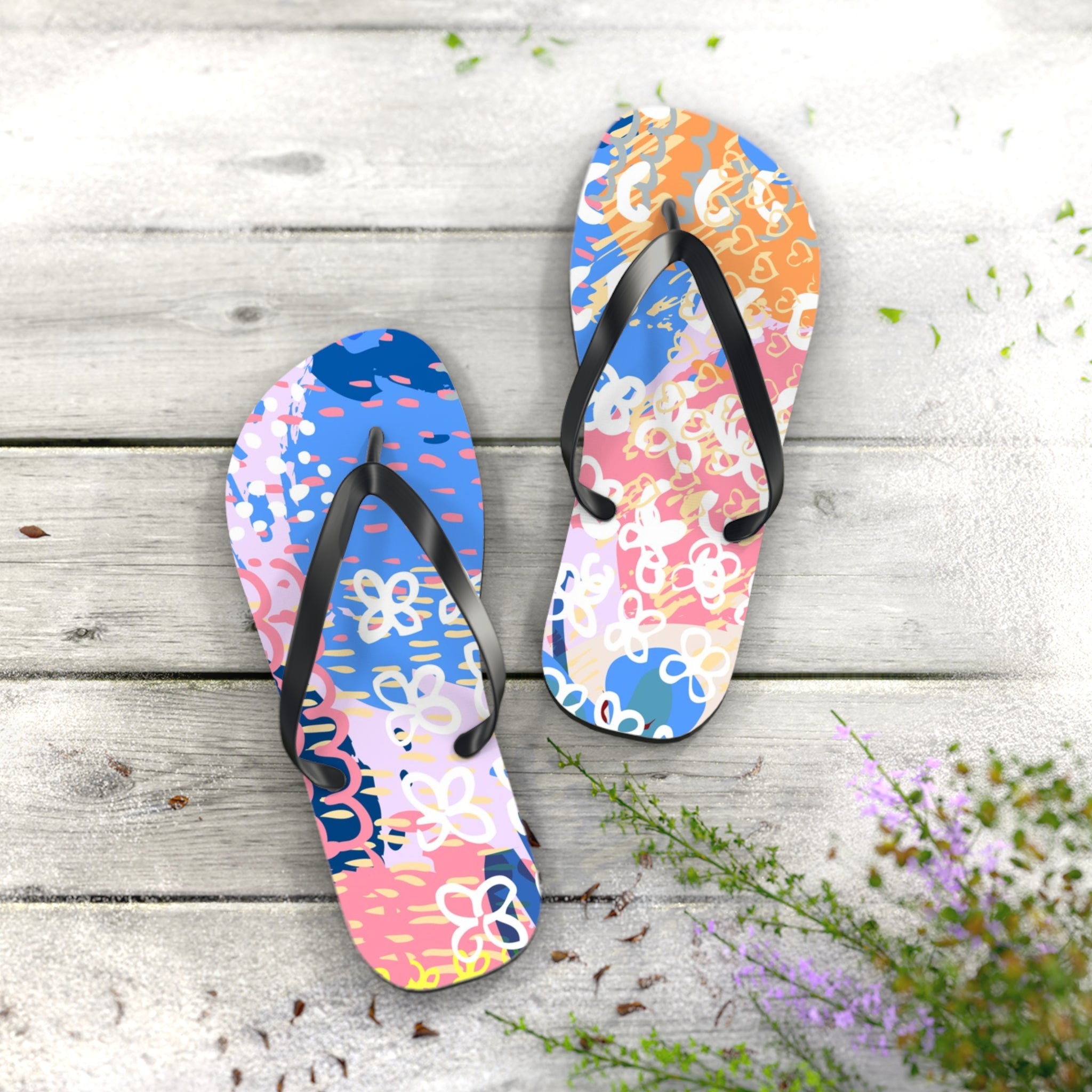 Flowers x Doodles x Hearts Multi-Color Flip Flops, Artsulli - Art is Long, Life is Short, Shoes, , , , , , , 