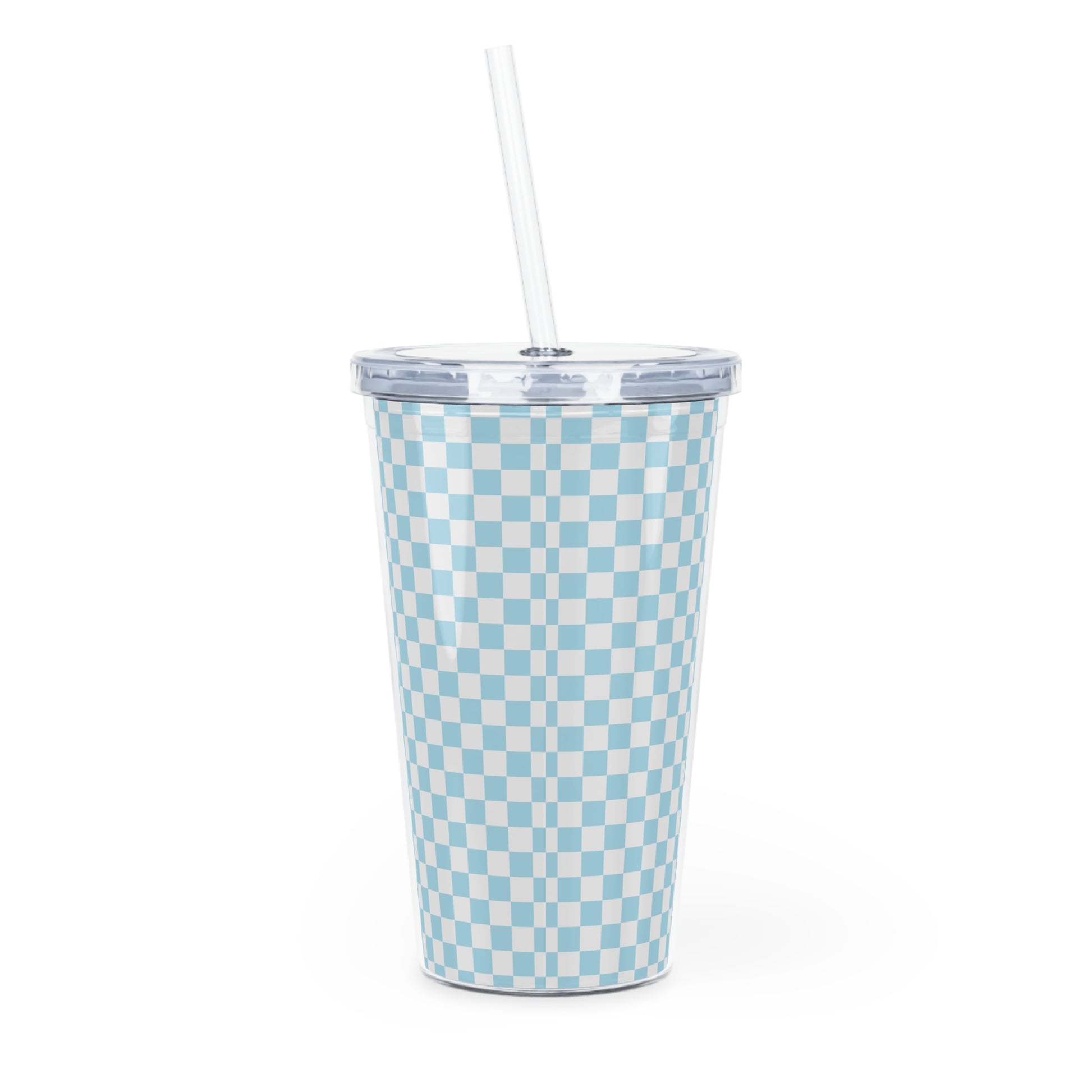 Checkerboard II Sky Blue Plastic Tumbler with Straw, Artsulli - Art is Long, Life is Short, Mug, , , , , , , 