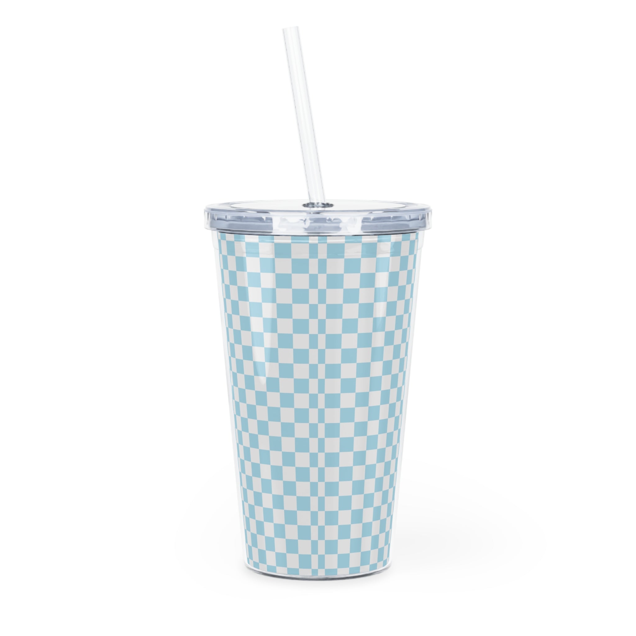 Checkerboard II Sky Blue Plastic Tumbler with Straw, Artsulli - Art is Long, Life is Short, Mug, , , , , , , 