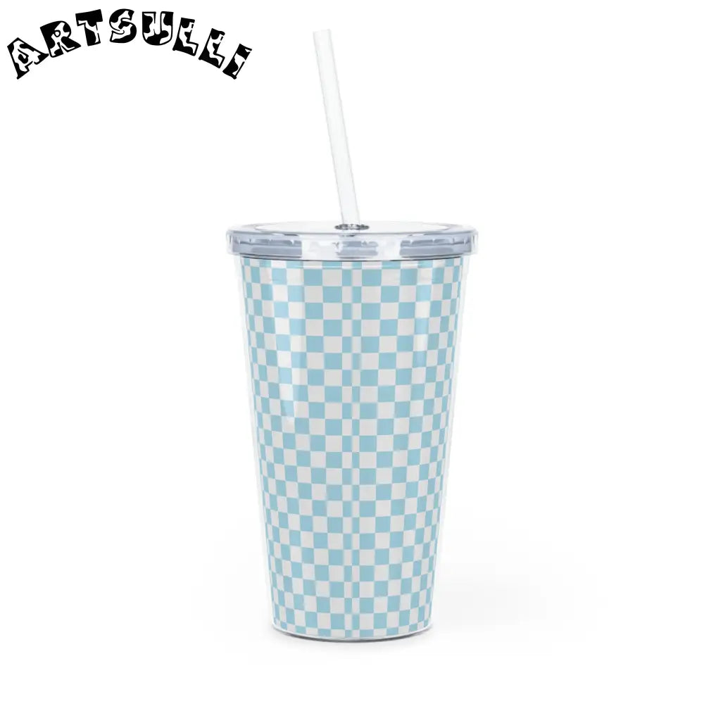 JAKKOUTTHEBXX Checkerboard II Sky Blue Plastic Tumbler with Straw