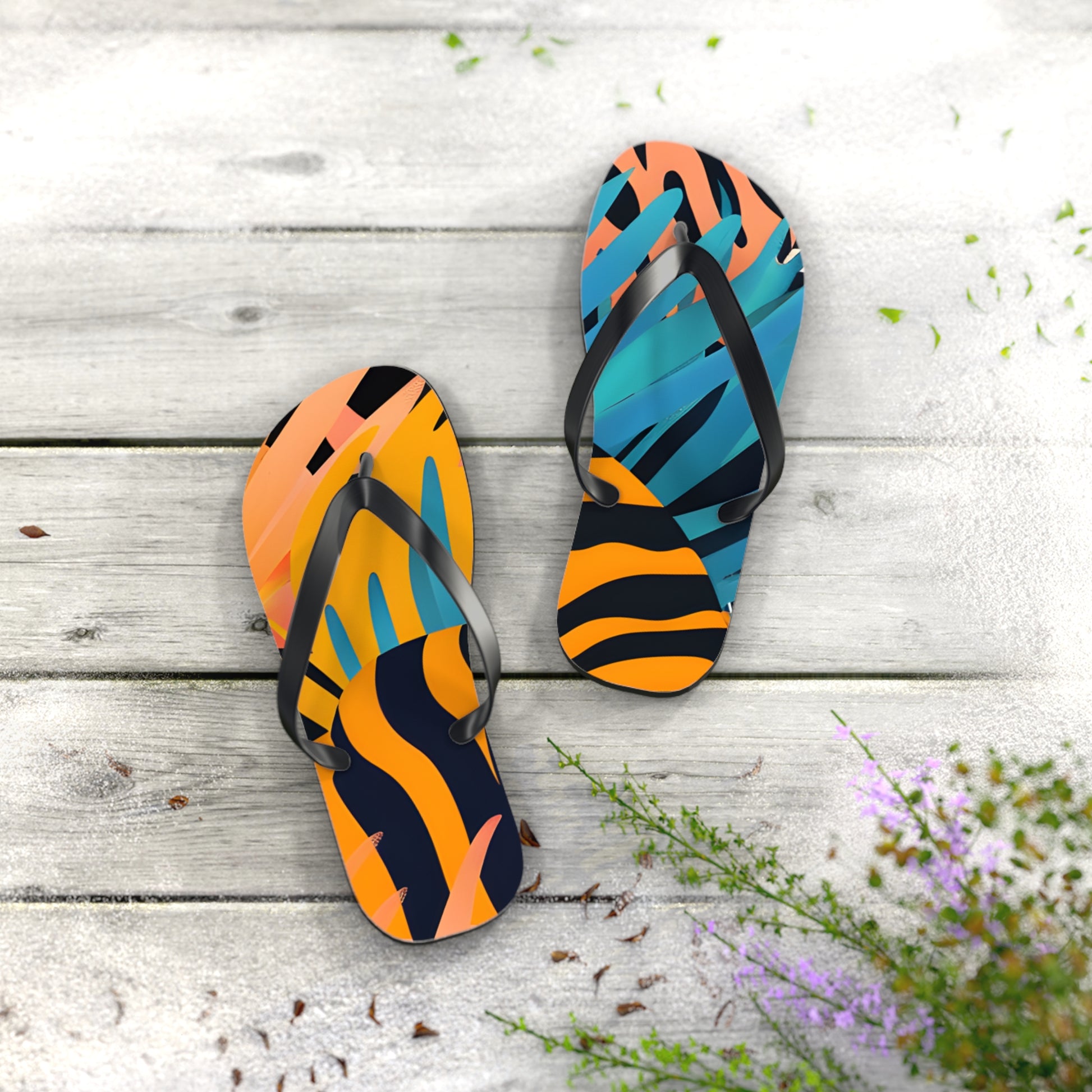 Palm Leaves x Zebra Stripes x  Tiger Stripes Orange and Blue Flip Flops, Artsulli - Art is Long, Life is Short, Shoes, , , , , , , 