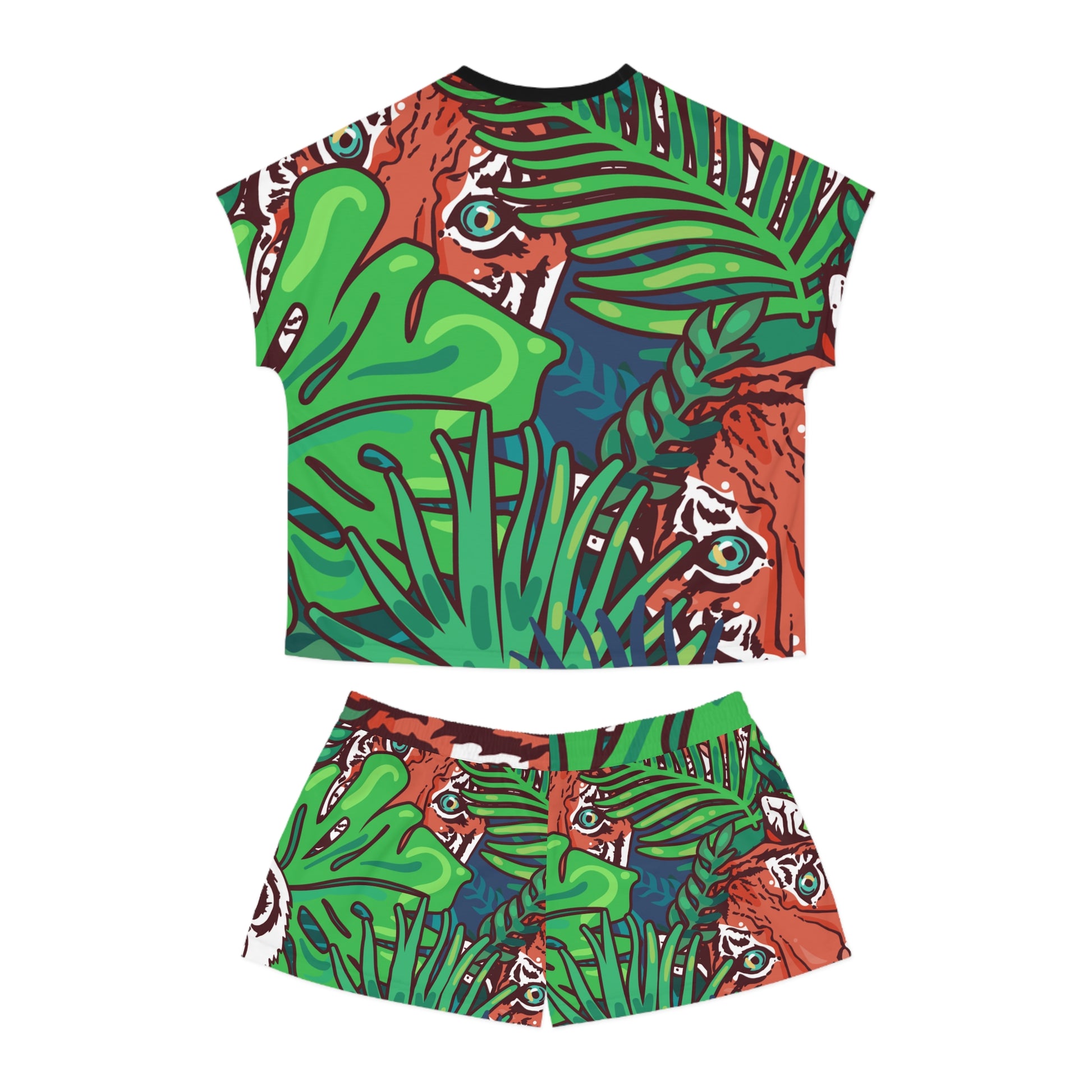 Tropical Jungle Tigers Blue and Green Women's Short Pajama Set (AOP), Artsulli - Art is Long, Life is Short, All Over Prints, , , , , , , 